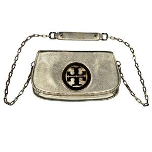Tory Burch Purse Reva Metallic Gold Crossbody Detachable Chain Strap XBody